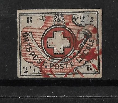 SWITZERLAND 1850 2 1/2Rp BLACK & RED "WINTERHUR" #1L5 USED SIGNED CV$3500