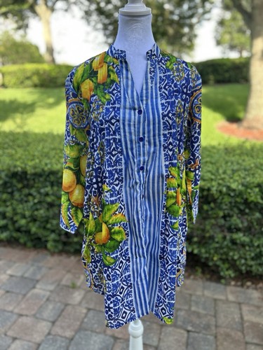 Antica Sartoria Hemdblusenkleid Zitronen und blau Streifen Button Down Neu mit Etikett M