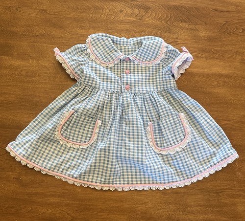 Vtg Handmade Baby Dress Girls 24 mths Blue Gingham Eyelet Trim Prairie Adorable - Picture 2 of 12