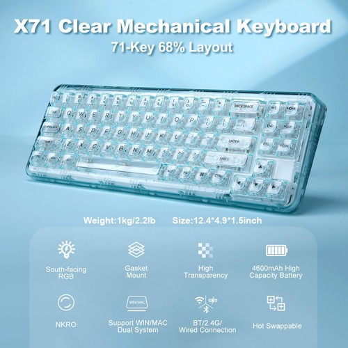X71 Wireless Hot Swappable Transparent Mechanical Keyboard with Clear Keycaps... - Picture 2 of 9