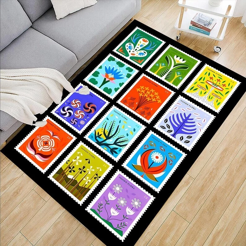 Floral Stamp Botanical Art Rug for Home Decor