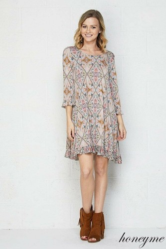 Easy Does It Print Dress with 3/4 Sleeves with Ruffle Detail - Picture 2 of 6
