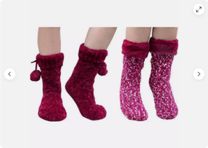 Jane & Bleecker 2 Pair SLIPPER Socks for Ladies (pink Popcorn Stitch -pink Cheni