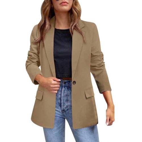Women Casual Blazer Jacket Pockets Long Sleeve Open Front Work Office Lapel Coat - Picture 32 of 42