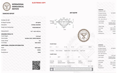 Diamante Forma Redonda Natural Elegante Color Marrón Suelto 1,06 Quilates Certificado IGI SI2 - Imagen 3 de 7