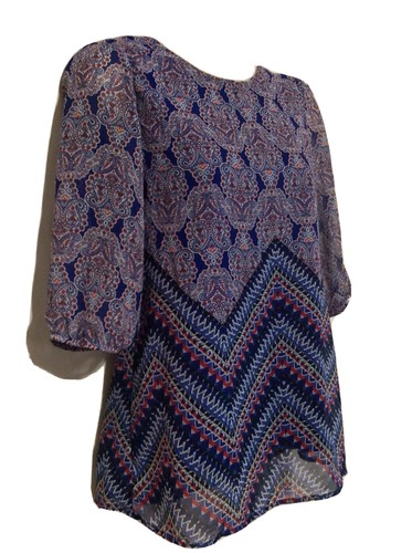 by & By Dress Girls L (14) Blue Red Paisley Aztec 3/4 Sleeve Lined - Picture 3 of 9