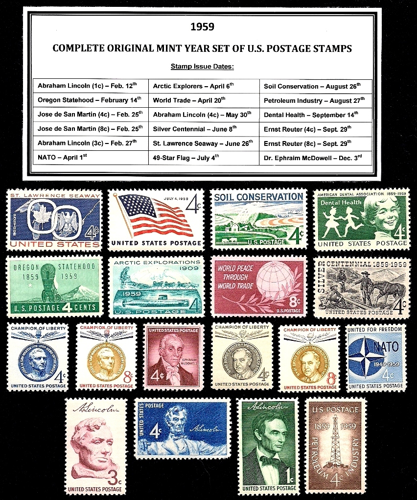 1959 COMPLETE COMMEMORATIVE YEAR SET OF MINT NH VINTAGE U.S.