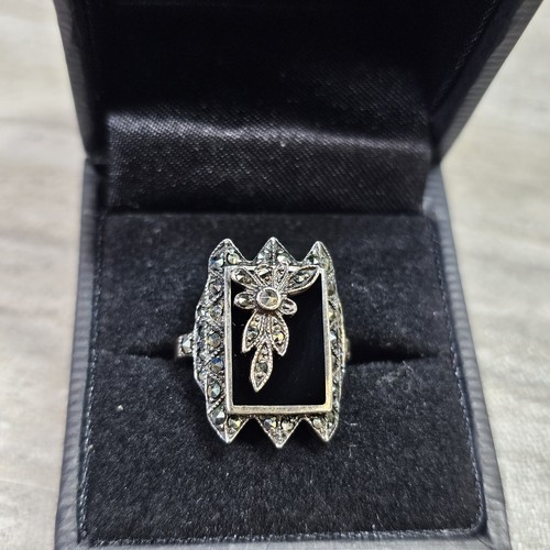 Anillo de cóctel estilo Art Deco talla 5,5 negro ónix marcasita plata de ley 925 de colección - Imagen 5 de 15