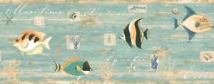 Tropical-Fish-Shells-Sea-Life-on-Weathered-Teal-Wallpaper-Border-CT46061B