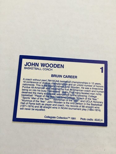 1990-91 Collegiate Collection UCLA Bruins - John Wooden #1 - Picture 2 of 2