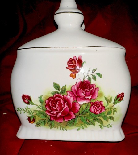 Porta tovaglioli vintage in ceramica, disegno rosa su bianco - Foto 7 di 9