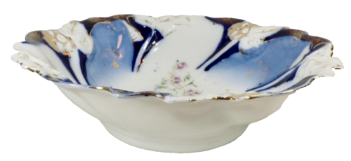 Flow Blue Porcelain Bowl Royal China Germany Pink Roses Gold Antique - Picture 6 of 8