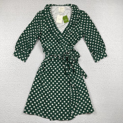Kate Spade Dress Womens 6 Green Daniella Polka Dot Wrap Ruffled Silk Preppy Work