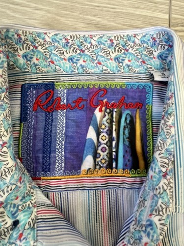 Camicia uomo ROBERT GRAHAM manica corta blu colletto a righe 100% cotone —taglia small - Foto 6 di 12