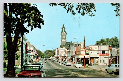 Main Street Scene Clarion PA Route 66 CLK Tower 1963 Pontiac Bonneville Postcard - Picture 2 of 3