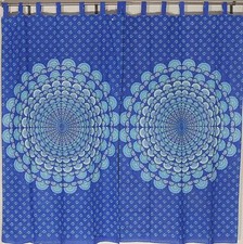 Blue Bedroom Window Curtains - 2 Peacock Tail Fan 82" Long Block Print Panels