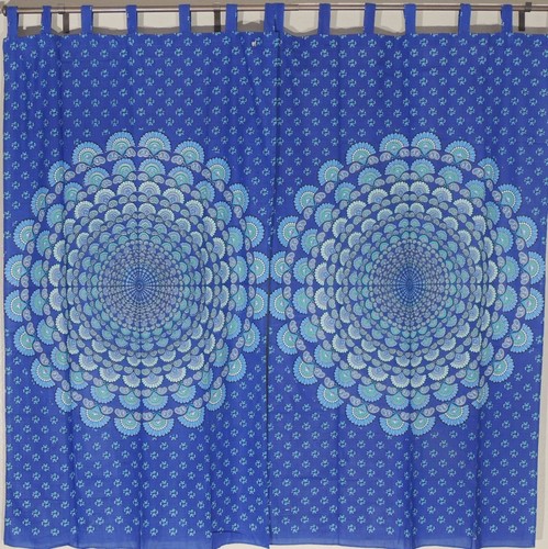 Blue Bedroom Window Curtains - 2 Peacock Tail Fan 82" Long Block Print Panels - Picture 1 of 4