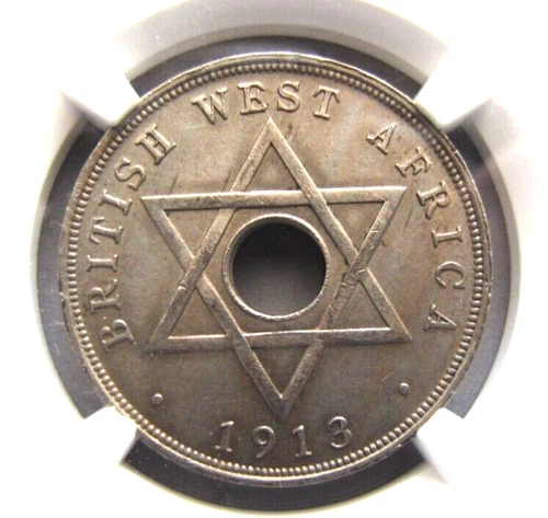 British West Africa KM9 Penny 1913 (NO H) NGC AU details.