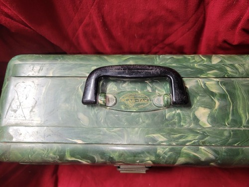 Vintage Plas-Tak Plano Hard Plastic Tackle Box W 1950s Fishing License Bakelite - Picture 2 of 8