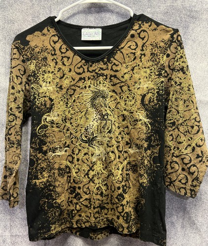 Cactus Bay Size S Paisley Shirt Beaded Horse Design Earth tones Brown Black Art