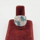 Vtg Sz 8 Ring Wide Band Flower Teal Clear Cubic Zirconia Fashion Jewelry Beauty