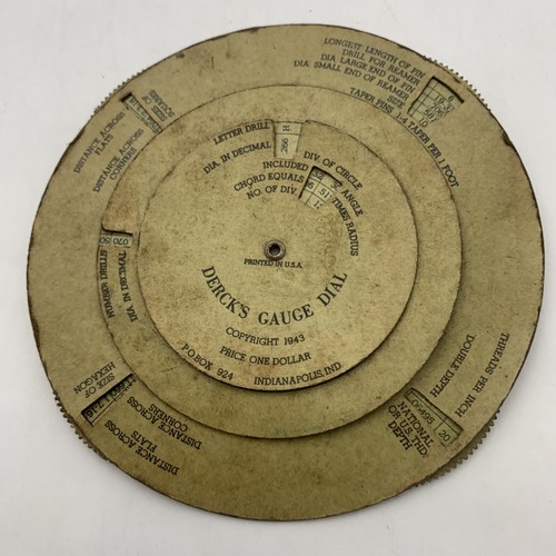 Vintage Derck's Gauge Dial 1943 Indianapolis Tapers Pipe Cuts Paper Calculator - Foto 6 di 7