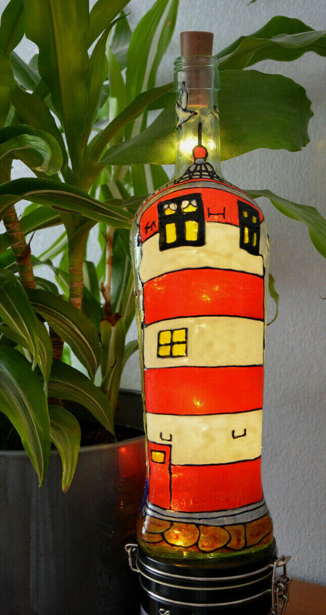 Maritime Tischlampe beleuchtete Flasche Leuchtturm rot weiß 10er LED 