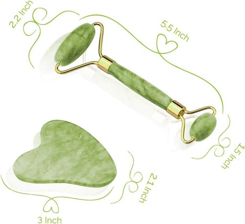Gua Sha Facial Tools Set and Jade Roller for Face - 100% Real Natural Stone Beau - Picture 2 of 7
