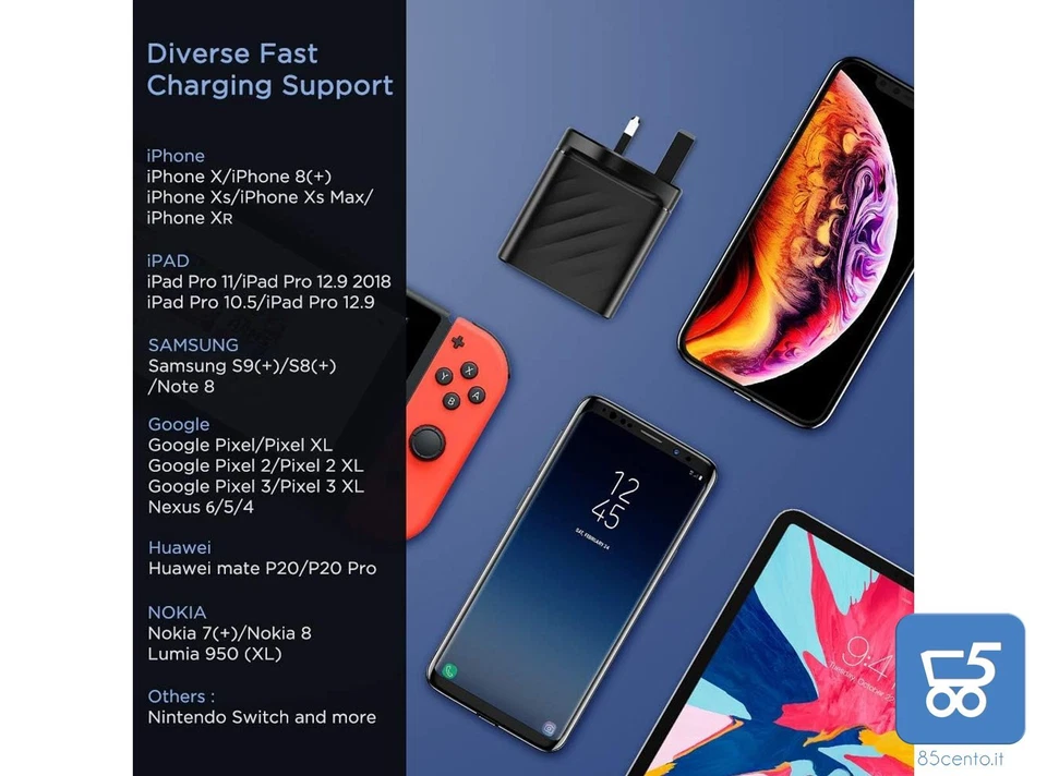 Alimentatore 36W PD USB C + USB-A 5V 3A Ricarica Rapida Spina Uk No confezione - Immagine 3 di 4