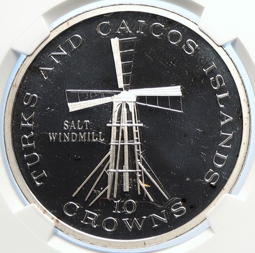 1977 TURKS AND CAICOS Salt Windmill OLD Proof Silver 10 Crown Coin NGC i106534 - Picture 1 of 5