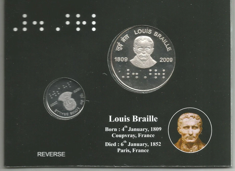 India Rs 100 & 2, PROOF Coin Set, on *200th Birth Anniversary of Louis Braill*   - Image 4 of 4