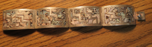 Vintage Mexican 925 Sterling Silver Inlaid Abalone Bracelet Signed MBR 1” Wide