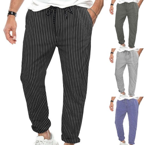 Men Casual Pants with Pockets Striped Printed Slim Fit Breathable Pants Trousers