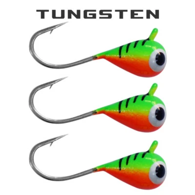 KENDERS OUTDOORS 3 Pack - Tungsten Ice Fishing Jigs - FIRETIGER Bright UV (6 Size Variations)