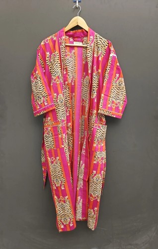 Indian Cotton Large Tiger Pink Kimono Night Gown Night Robes Women's Clothing US - Picture 2 of 5