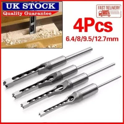 4Pcs Square Hole Drill Bit Mortise Chisel Hole Saw Drill Bit Kit for Woodworking