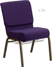 50x Royal Purple 21'' Wide Church Chairs Gold Frame Book Rack 4” Seat