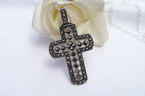 Stunning Large Vintage Sterling Silver Marcasite Cross Pendant 925 - Picture 13 of 16