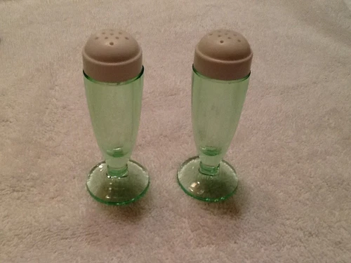 Vintage Depression Glass Green Salt & Pepper Shakers white lid