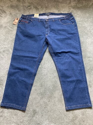Pantalones de mezclilla elásticos azules medios con logotipos DUKE London para hombre W52” L30” nuevos con etiquetas