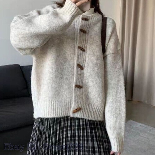 Women Casual Horn Button Knit Cardigan Loose Sweater Jacket Round Neck Top Warm - Picture 2 of 30