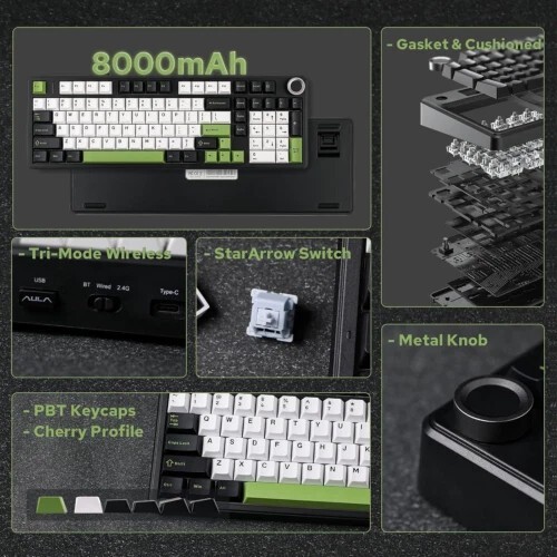 EPOMAKER X Aula F99 PRO Kabellose Gaming Tastatur, Hot Black Weiß Grün - Bild 6 von 7