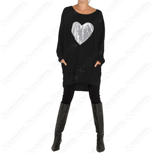 NEW LADIES OVERSIZED TOP SILVER SEQUIN HEART MOTIF BATWING LOOSE FIT SWEATSHIRT - Picture 2 of 15