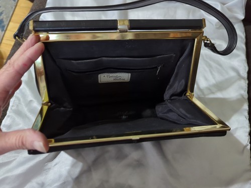 Vintage Naturalizer Brand Black Suede Gold Metal Handbag Black Tie Party Vibe - Picture 18 of 24