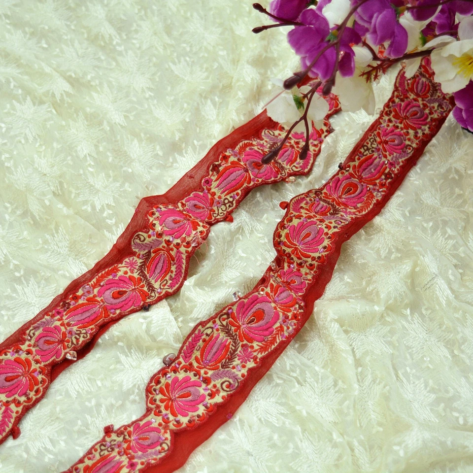 Vintage Red Sari Border Pure Chiffon Silk Hand Embroidered Craft Trim Lace 1yd - Image 2 of 4