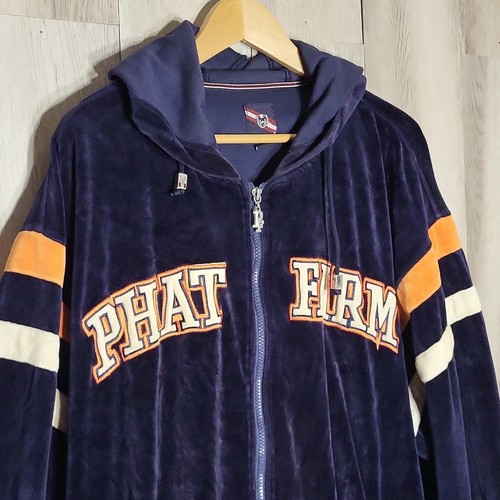 Giacca Phat Farm uomo XXL vintage velluto con cappuccio zip intera ricamata Y2K anni 90 - Foto 3 di 15