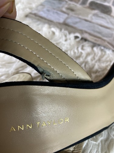 Ann Taylor Black Suede ROWAN Strappy GOLD METALLIC Block Heel Sandals Size 7M - Picture 8 of 10