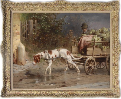 #ad Vintage Rural Dog Pulling Cart Oil Painting European Countryside Scene Canvas $558.60
