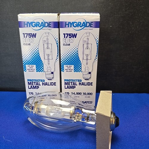 2- SATCO HYGRADE 175W ED17 CLEAR METAL HALIDE LAMP MEDIUM BASE 14K LMNS S5862 - Picture 1 of 4