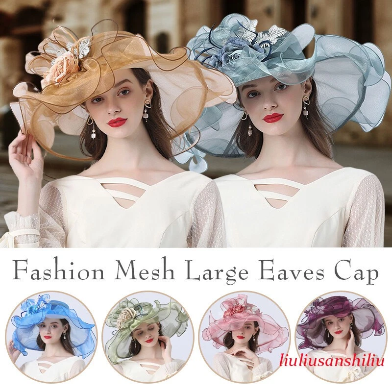 Women Organza Hat Church Dress Wide Brim Bridal Floral Cap Tea Party Wedding